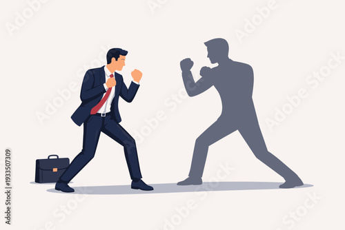 Businessman in a Suit Fighting His Own Shadow Representing Internal Conflict Self Doubt and Personal Struggle for Success Business Concept Vector Illustration for Professional Growth and Ambition