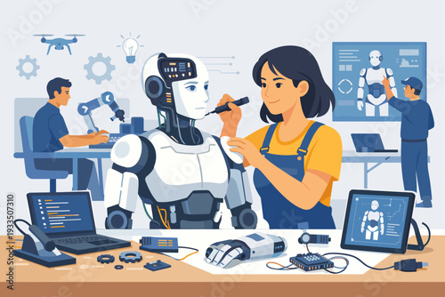 Female engineer building a humanoid robot in a modern technology workshop with team, illustrating artificial intelligence, automation, STEM education, and future innovation in robotics design.