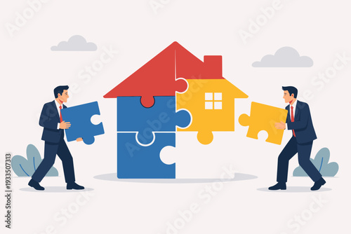 Two businessmen assembling a house-shaped jigsaw puzzle, representing real estate investment, home mortgage solutions, property development, and teamwork in the housing market vector concept.