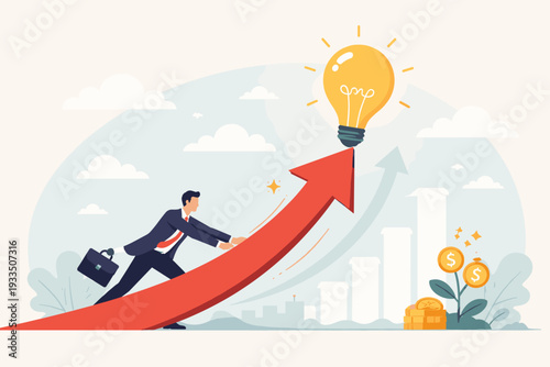 Businessman pushing a rising red arrow with a glowing light bulb on top, symbolizing innovation, financial success, creative ideas, market growth, strategic progress, and investment achievement.