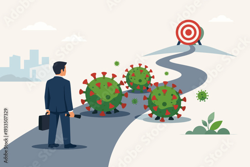 Businessman facing giant coronavirus cells blocking the road to a target, representing economic challenges, financial crisis, and business obstacles during the global COVID-19 pandemic vector.