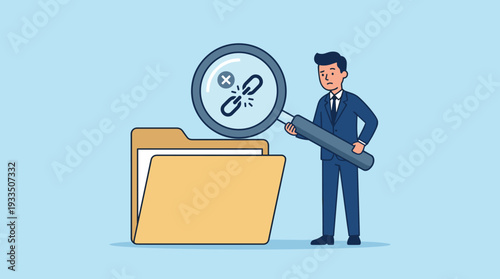 Businessman in a suit holding a large magnifying glass over an empty file folder with a broken link icon, representing data search not found, missing information, file error, and lost documents.
