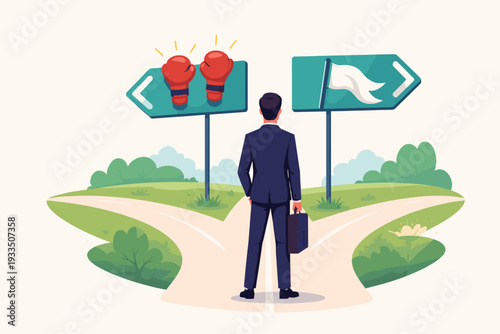 Businessman standing at a crossroad choosing between persistence and surrender, vector illustration of career decision making with boxing gloves and white flag signs on a fork in the road.
