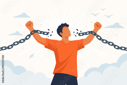 Man Breaking Free from Chains Vector Illustration Symbolizing Freedom Liberation Hope and Justice Concept of Overcoming Obstacles Success Power Strength and Mental Health Release from Slavery