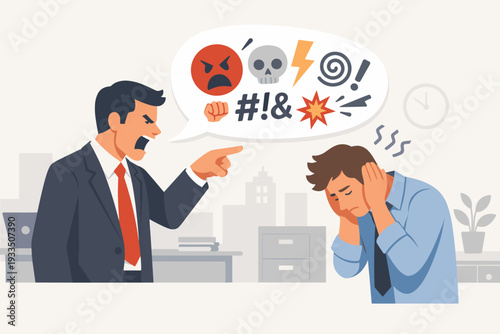Angry Boss Shouting at Stressed Employee in Office, Toxic Workplace Environment, Bullying and Verbal Abuse at Work, Aggressive Management Style, Mental Health and Harassment Vector Illustration