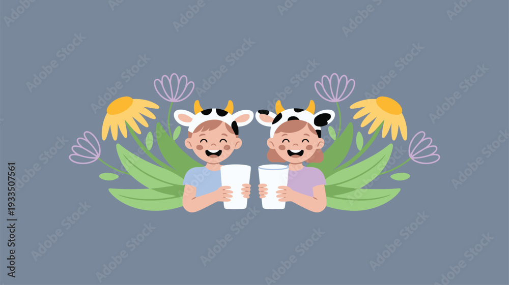 Fototapeta premium Children cow hats flowers