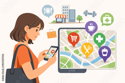 Woman using a smartphone with a navigation app to find local stores and services on a city map with colorful pins for shopping, healthcare, dining, and beauty salons in a modern vector style.