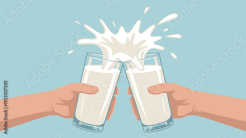 Cheers milk glasses splashing hands cartoon