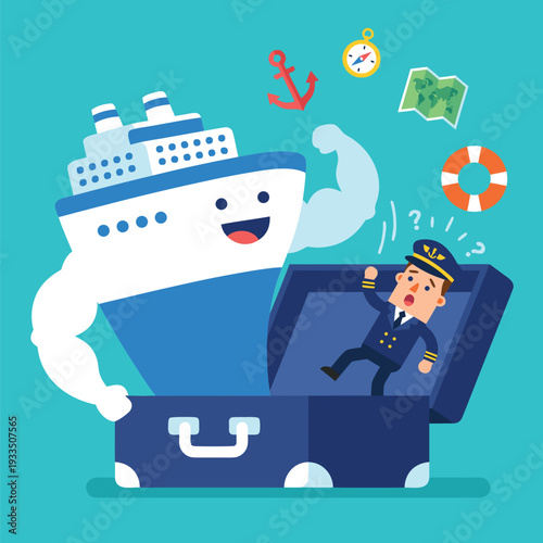 Cartoon Cruise Ship Captain Emerging from Suitcase with Travel Icons.