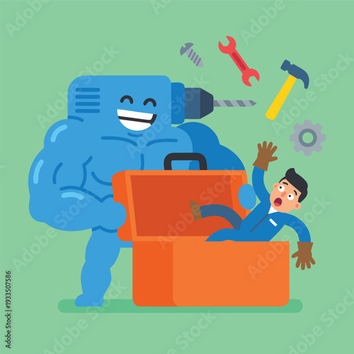 Cartoon drill character with toolbox and man.