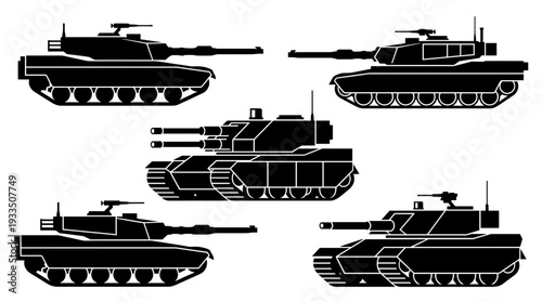 Five black tanks showcasing military might, ready for combat