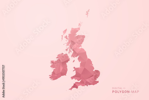 United Kingdom Map - Polygon Style Vector Illustration in Soft Pink Valentine Theme, Low Poly Geometric Design, Isolated on Pastel Background.