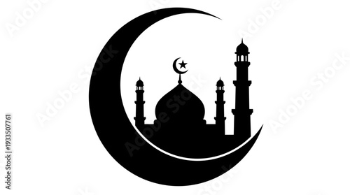 Silhouette of a mosque with a crescent moon