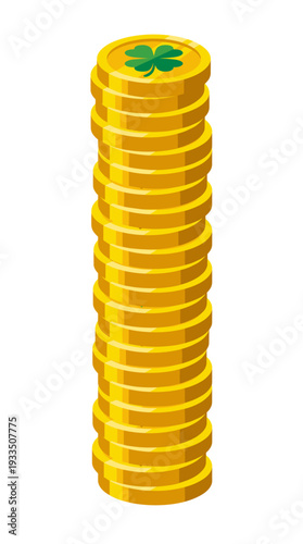 A towering stack of shiny golden coins with lucky four-leaf clovers, symbolizing wealth and prosperity. The coins are neatly arranged, suggesting abundance and value