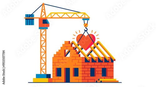 Building a Home of Love: A Crane Lifts a Heart Symbol into Position on a Brick House