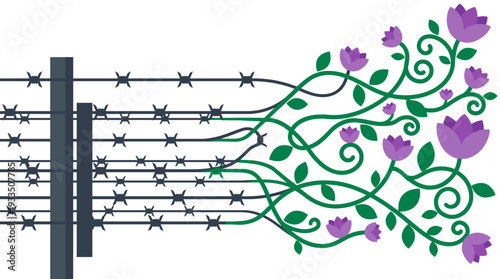 A metaphor image of barbed wire with blooming flowers