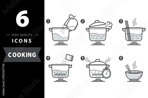 Set of 6 linear icons showing steps to cook noodles: boiling water, adding ingredients, seasoning, timing, and serving in a bowl. Simple infographic style.