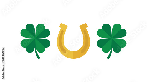 An illustration of a golden horseshoe with two green clovers, set against a solid background