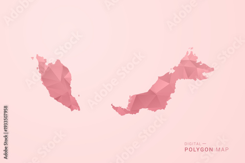 Malaysia Map - Polygon Style Vector Illustration in Soft Pink Valentine Theme, Low Poly Geometric Design, Isolated on Pastel Background.