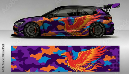 Custom vinyl wrap design featuring a vibrant phoenix bird and camouflage pattern on a sporty car, with a separate strip showing the full graphic.