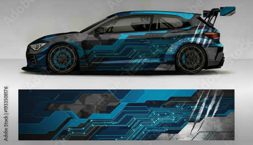 Sporty hatchback car with a futuristic blue and black circuit board graphic decal design, showcasing the full wrap and a separate strip.
