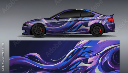 A sports car with a vibrant purple and blue abstract graphic vinyl wrap design.