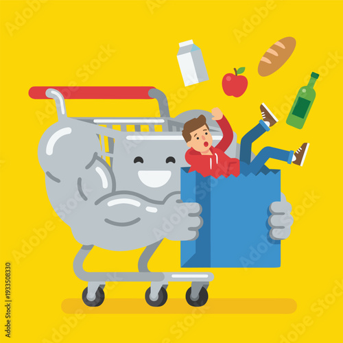 Cartoon Shopping Cart with Muscular Arm and Man Falling Out.