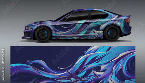 Abstract blue and purple wavy graphic design applied to a sports car, showcasing a modern vehicle wrap.