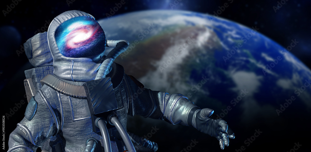 Fototapeta premium Astronaut in space against planet. Astronomical object reflecting in helmet of his spacesuit