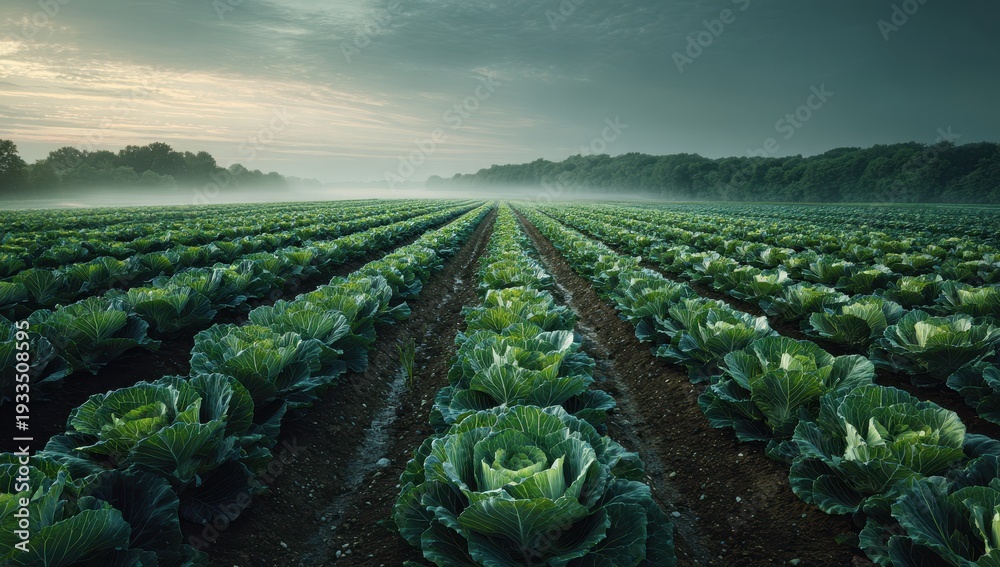 Fototapeta premium Misty Cabbage Field - Rows of Green Under a Cloudy Sky.