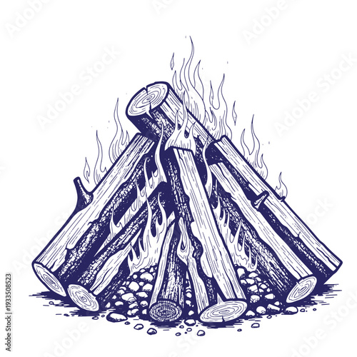 A drawing of a campfire with burning logs and flames on a pile of stones in the outdoors