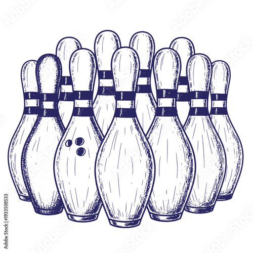 A group of ten bowling pins standing in a triangular formation on a white background