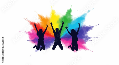 Colorful illustration of three joyful people jumping against a vibrant Holi Festival Day background with rainbow colors and splashes of paint