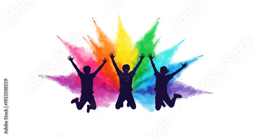 Silhouette of three people jumping with colorful paint splashes on Holi Festival Day against a white background with a joyful mood