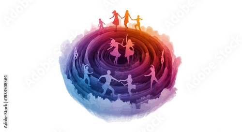 A vibrant illustration of people in silhouette celebrating Holi Festival Day with colorful paint splashes and rainbow hues on a white background