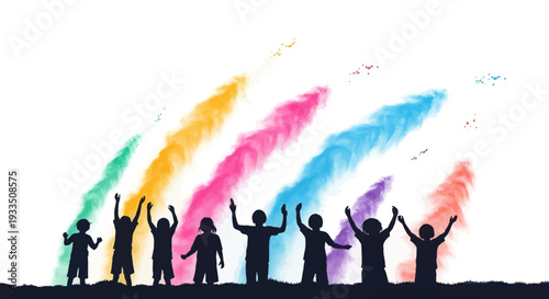Silhouettes of a group of people celebrating Holi Festival Day with colorful paint splashes in the background