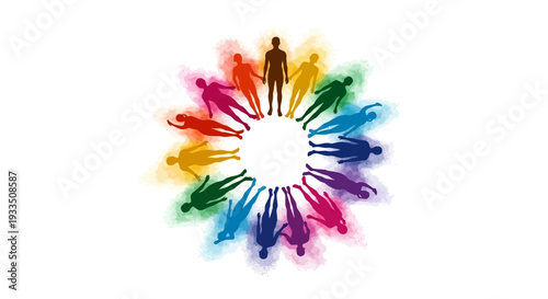 Colorful illustration of a group of people standing in a circle with vibrant paint splashes on a white background celebrating Holi Festival Day