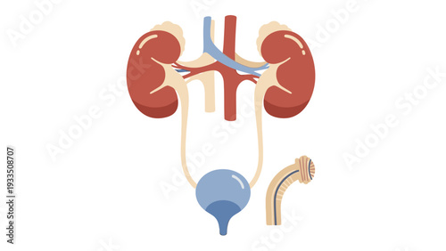 Anatomical illustration of the human urinary system including kidneys, ureters, and bladder on a white background.