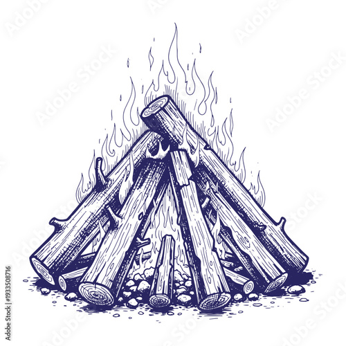 A teepee style campfire with burning logs and flames isolated on white background