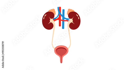 Illustration of the human urinary system including kidneys, ureters, and bladder in a detailed anatomical drawing.