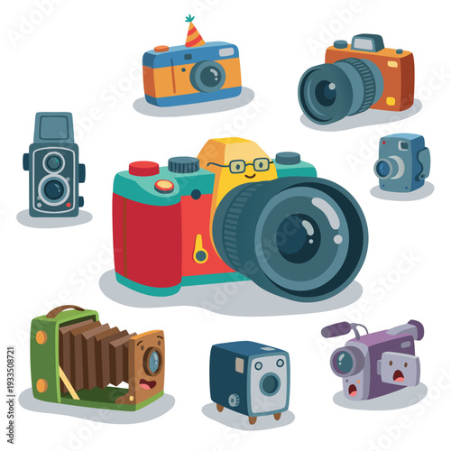 Collection of cartoon cameras and camcorders.