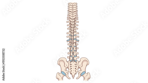 Anatomical illustration of a human spine and pelvis with highlighted ligaments against a white background.