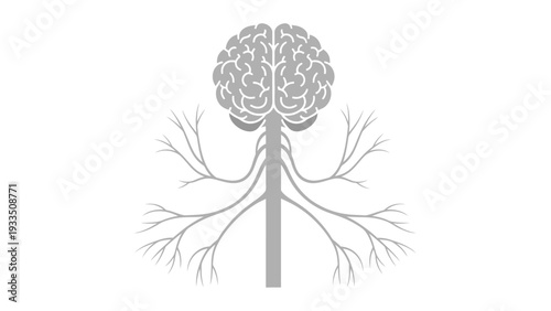 Gray illustration of a brain with branching nerves on a white background in a flat style.