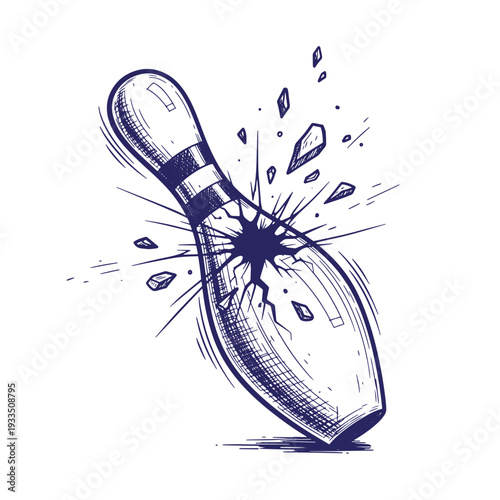Bowling pin shattering into pieces with explosion and flying fragments  dramatic illustration