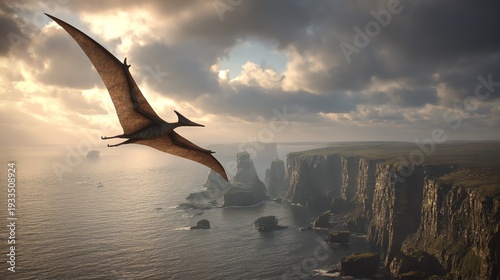 A majestic pterosaur gliding over rugged cliffs and a serene ocean during sunset.