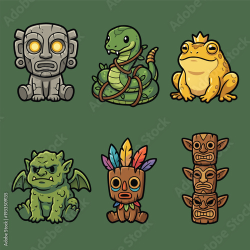 Collection of Cute Cartoon Tribal Masks and Creatures.