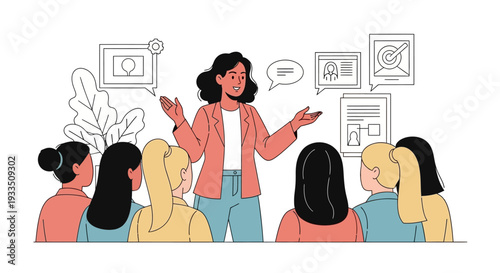 A businesswoman presents to a group of women in an office setting with icons and decorations around her, conveying a joyful and productive mood with a flat illustration style