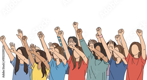 Diverse group of women celebrating International Women's Day with raised fists in a colorful illustration with a joyful mood on a white background