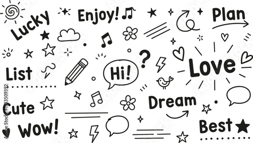 Black hand-drawn doodles featuring script words love lucky dream best and decorative stars hearts and expressive arrows