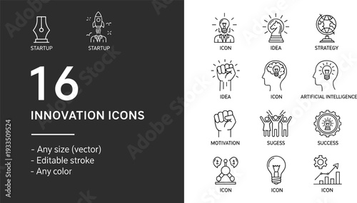 Black line innovation icons featuring startup rockets lightbulb ideas strategic success motivation and artificial intelligence business solutions